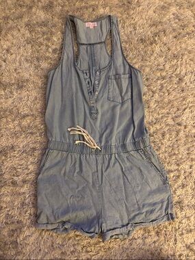 Pink Lily Light Blue Chambray Tank Romper with Drawstring